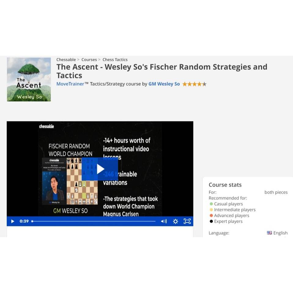 PREMIUM CHESS VIDEO | Chessable The Ascent - Wesley So's Fischer Random Strategies and Tactics, GM Wesley So - CHESS PREMIUM